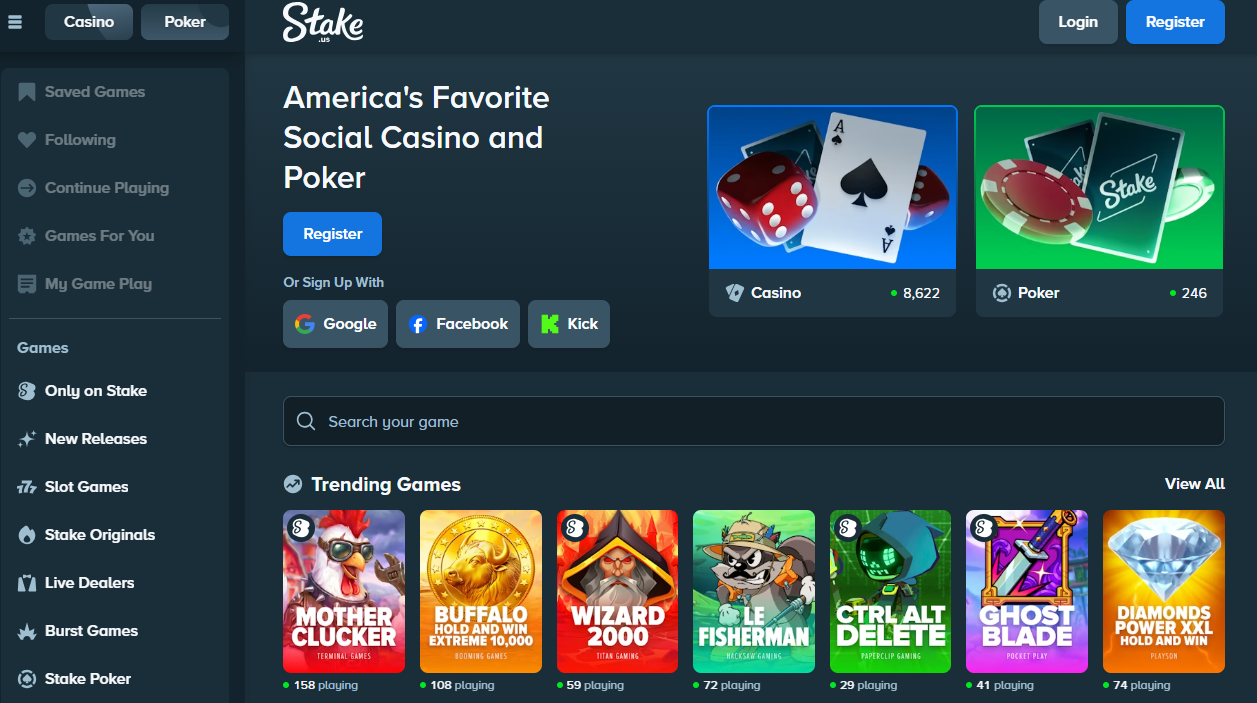 Stake.us Casino homepage with buttons to register and signup and trending games